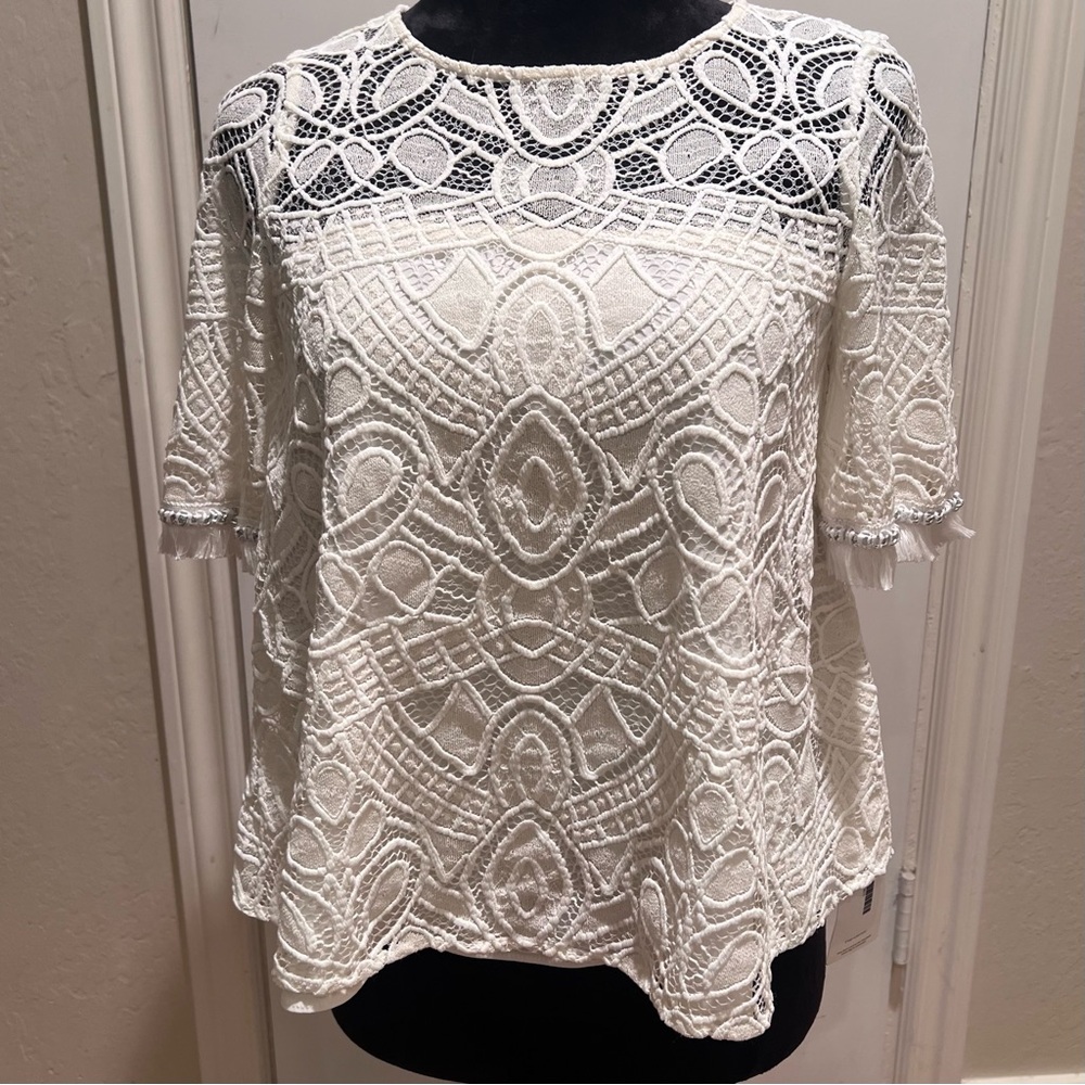 Alexis Ivory Lace Fringe Chain Embellished Lined‎ Swing Blouse Top Size Small